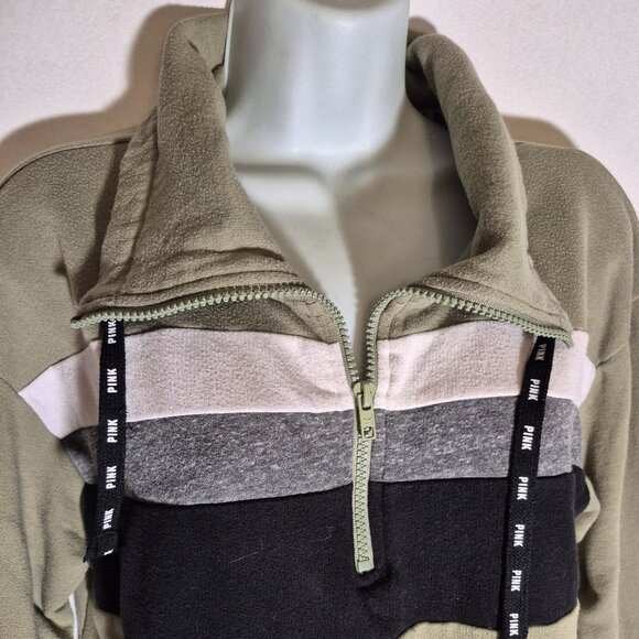 PINK/Victoria's Secret zippered front fleece jacket, green w/stripes in size XS - Picture 4 of 16